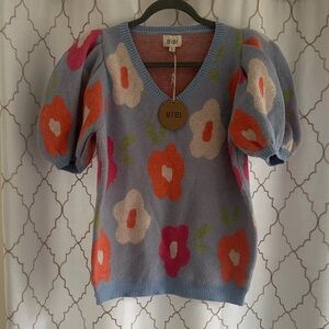 BiBi Colorful Floral Puff Sleeve Knit XL nwt